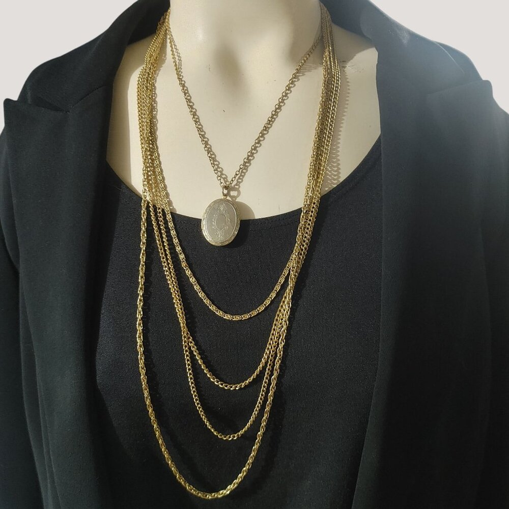 Multi Strand Necklace  Oval Locket Pendant Unique Clasp Design Vintage Gold Tone